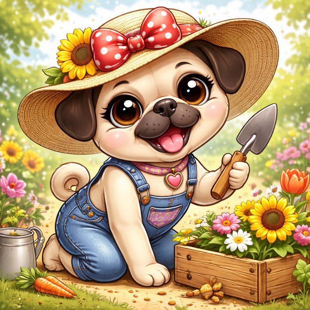 gpt image 1.5 der hund heißt mausi mops sie arbeitet gerade im garten sie trägt eine latzhos 0