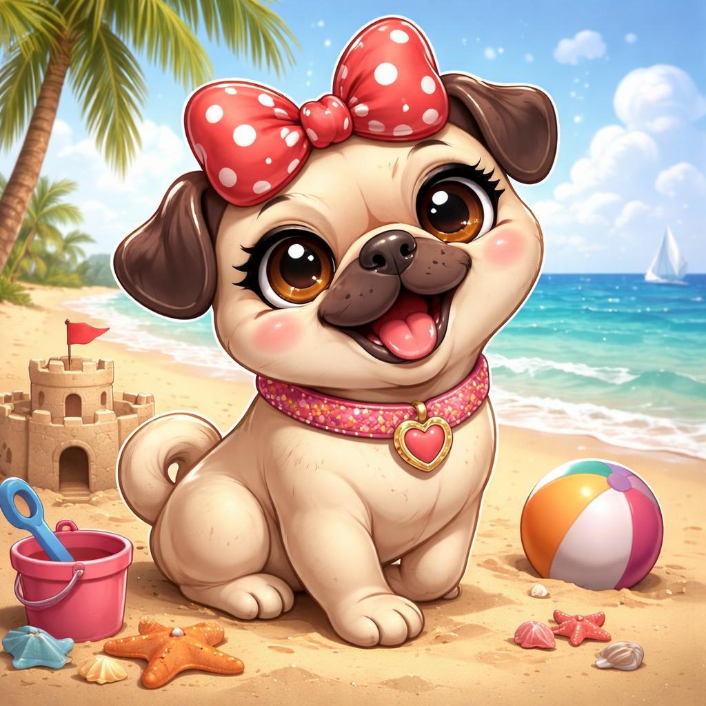 gpt image 1.5 der hund heißt mausi mops sie sitzt am strand die körperhalung muss nicht wie 0